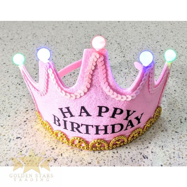Light-Up Happy Birthday Tiara Crown – Light Pink – Golden Stars Trading